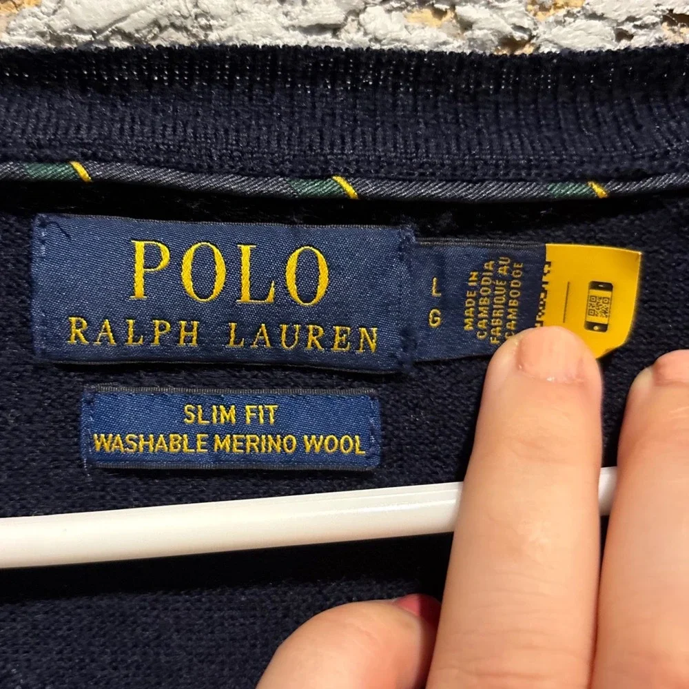 Polo Ralph Lauren Mens Navy Blue Washable Merino Wool V-Neck Sweater Slim Fit L